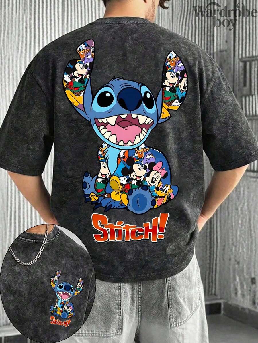 Disney Round Neck Short Sleeved Printed Washed T-Shirt, Stitch Pattern Printed T-Shirt, 2026 New T-Shirt, Family Leisure Vacation T-Shirt, Suitable For Both Men And Women, High-Quality Pure Cotton T-Shirt, Suitable For All Seasons, Comfortable And Breathable | Exquisite Design | The Best Choice For Gift Giving - 黑色 - 查看 1