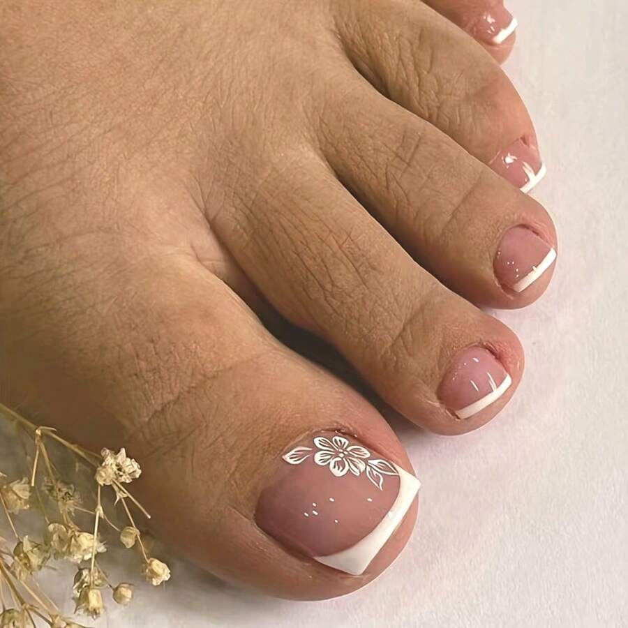 24-Piece Wearable Nail Set With White Edges, French Floral Manicure, Wearable Toenail Patches - 1-60 - Xem 1