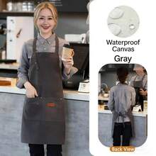 一件防水防油厨房围裙，带口袋，涤纶面料，适合居家、餐厅、手工、花园、烧烤、学校、咖啡馆等场合，男女通用（灰色），精美礼品 - 灰色 - 查看 1