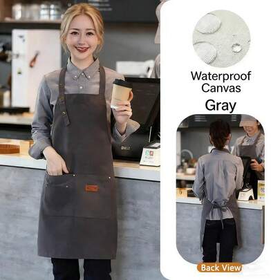 一件防水防油厨房围裙，带口袋，涤纶面料，适合居家、餐厅、手工、花园、烧烤、学校、咖啡馆等场合，男女通用（灰色），精美礼品