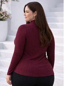 Women's Plus Size Long Sleeve Blouse With Medium High Ribbed Neck, Premium Comfortable Viscose - 紫紅色 - 查看 3