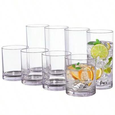 8PCS Transparent Reusable Glass Cups, 12 Oz Ice Cups And 16 Oz Water Cups, Minimalist Design, Party Drinkware, Dining Drinkware, Top-Rack Dishwasher