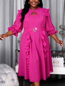 Plus Size Women's Elegant Chiffon Pleated Mid-Length Dress With Layered Ruffle Sleeves And Belt, Fashion Party Wedding Guest Formal Occasion Dress - 玫紅色 - 查看 3