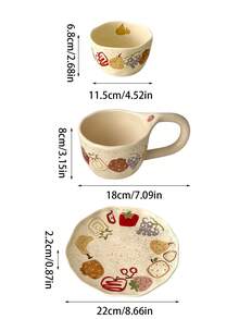 1pc Hand-Painted Graffiti Fruit Ceramic Coffee Cup & Saucer, Milk Mug, Rice Bowl, High-Quality Dessert Plate, Gift - Multicolor - View 4