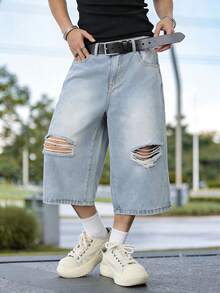 Nuevos pantalones cortos vaqueros sueltos y casuales de hombre con lavado azul desgastado y rasgados de moda para el verano - Lavado ligero - Ver 6
