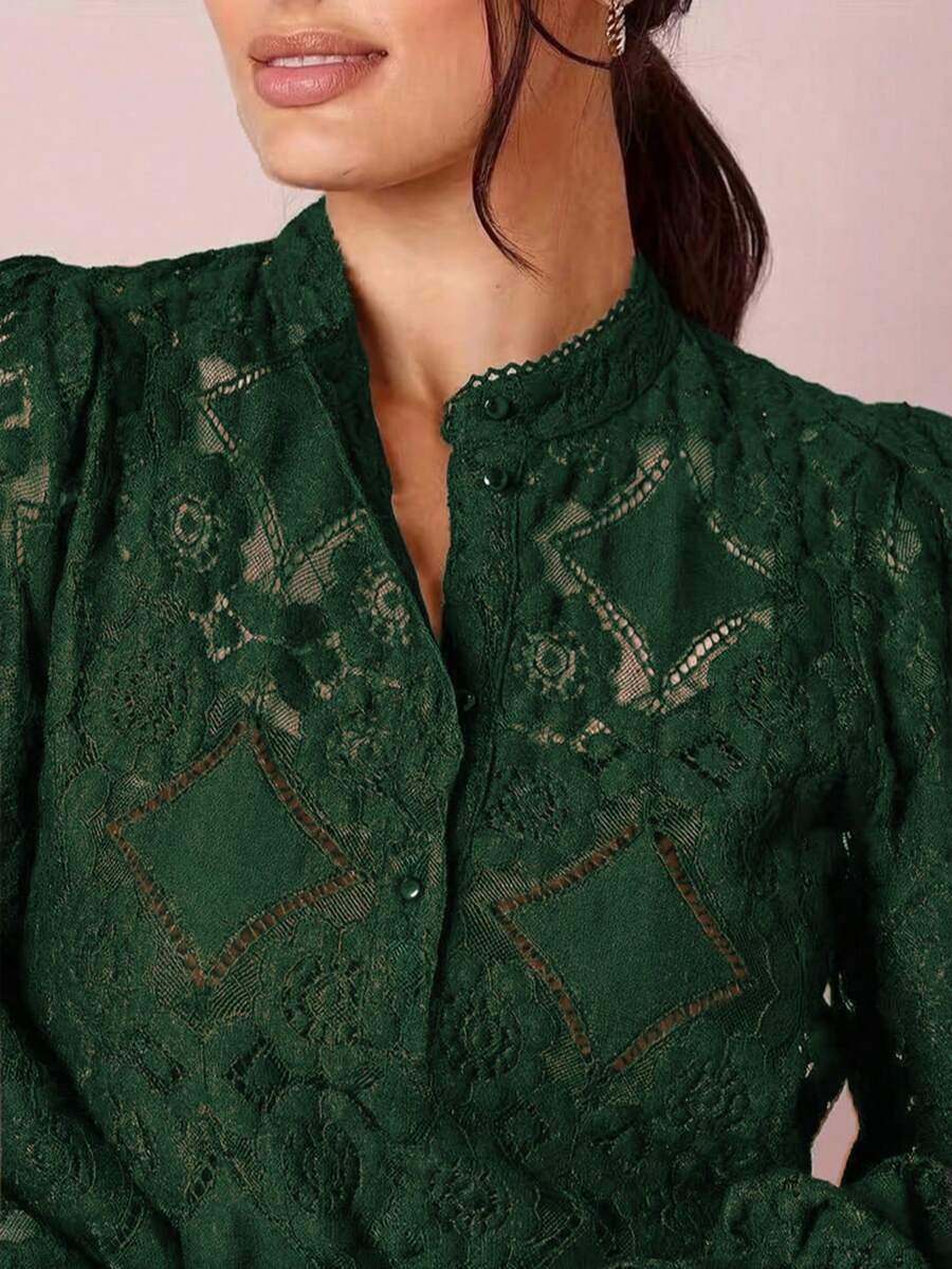 女士优雅半开领绿色蕾丝长袖衬衫，喇叭袖，纯色，轻薄透气，带口袋，适合办公室穿着，春秋季度假夏季穿着 - 綠色 - 查看 1