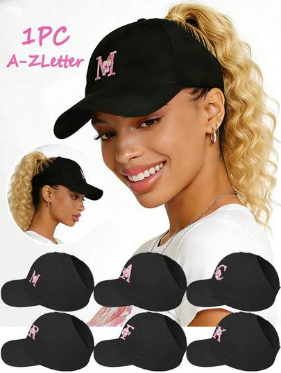 Floral Letters Embroidery High Ponytail Half-Brimmed Baseball Cap For Women, Versatile Sun Visor Hat For Summer