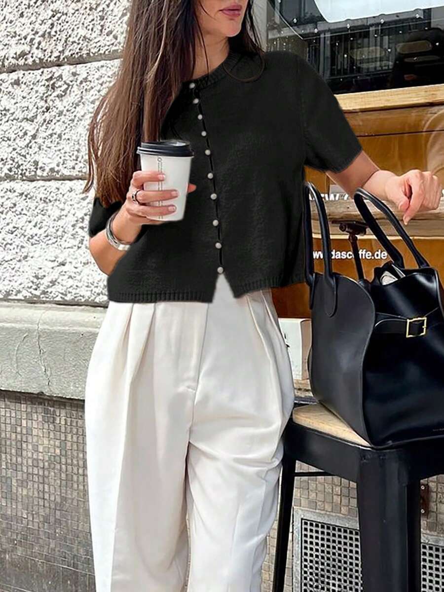 Round Neck Solid Color Faux Pearl Button Short Sleeve Casual Versatile Knit Cardigan, Loose Fit, Suitable For Everyday Wear Black Spring - Black - View 1
