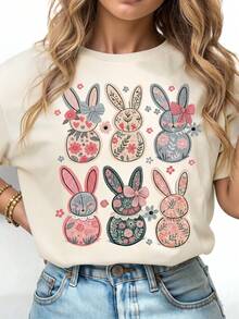 Camiseta de mujer de manga corta, cuello redondo, casual de verano - Albaricoque - Ver 1