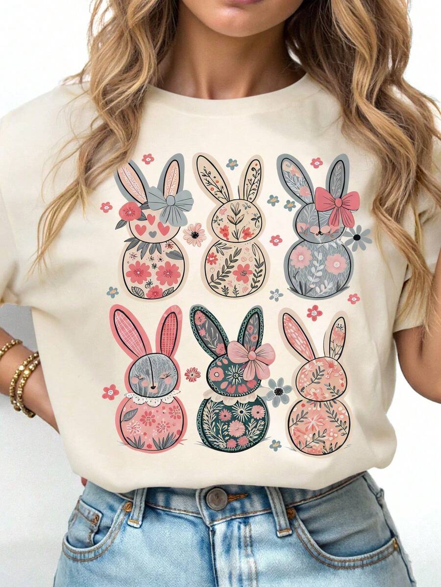 Camiseta de mujer de manga corta, cuello redondo, casual de verano - Albaricoque - Ver 1