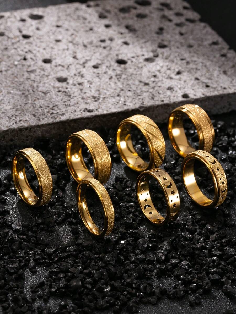 7pcs 18K Gold Plated Stainless Steel Ring Set, Matte Finish, Hollow Starry Sky Pattern Rings, Elegant Men's Rings, Suitable For Wedding, Gift For Boyfriend, Girlfriend, Classmates - Gold - View 1