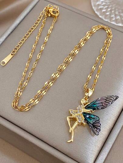 1件18K镀金防褪色梦幻仙女吊坠项链，渐变珐琅翅膀搭配锆石裙，女士适用，送给妈妈的礼物，日常佩戴，婚礼，晚宴，适合日常生活、派对、约会、海滩，母亲节礼物，情人节礼物，春季，婚礼用品，夏季配饰