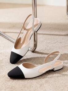 Women Slingback Flats Low Heel Slip-On Dress Ballet Flats Square Toe  Lady Elegant Casual Commute Wedding Party Work Color Blocking Flats Shoes - 白色 - 查看 2