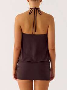 2026 Women Mini Dress Sleeveless Halter Backless Ruched Date Night Layered A Line Bodycon Cocktail Dresses Outfits - Coffee - View 5