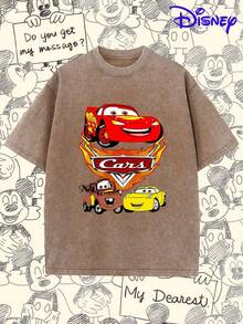 This Disney Cars "Cars" Logo Vintage Washed Oversized T-Shirt Is An Officially Licensed, Stylish Cartoon-Themed Short-Sleeved T-Shirt For Men, Made Of Pure Cotton With A Washed Finish. Soft And Breathable, It Makes A Perfect Gift For Disney Fans. - 摩卡棕 - 查看 1
