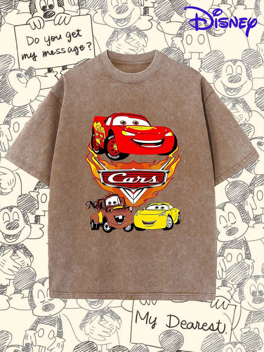 This Disney Cars "Cars" Logo Vintage Washed Oversized T-Shirt Is An Officially Licensed, Stylish Cartoon-Themed Short-Sleeved T-Shirt For Men, Made Of Pure Cotton With A Washed Finish. Soft And Breathable, It Makes A Perfect Gift For Disney Fans. - 摩卡棕 - 查看 1