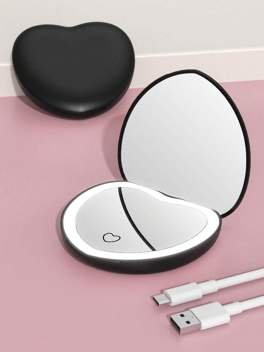 Rechargeable Heart-Shaped Portable Makeup Mirror, 2X Magnification LED Makeup Mirror With 3-Color Adjustable Lighting, Compact Beauty Mirror With Light - 黑色 - 查看 1