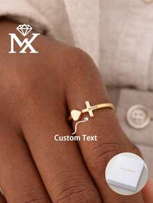 Cross Ring With Heart, Engraved Religious Ring With Name, Date Or Word, Yellow, Rose Or White Gold, Personalized Faith Ring. - Multicolor - View 1