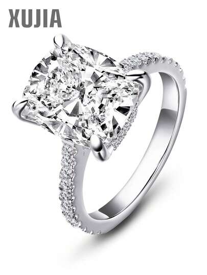 XUJIA خاتم خطوبة من الفضة الإسترليني عيار 925 للنساء، قطع وسادي 12x10 مم من الزركونيا المكعبة الفاخرة عيار 5A، بتصميم هالة مخفية، خاتم وعد رائع لحفل الزفاف