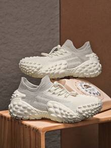 GAISIMA 1双男士纹理针织鞋面运动鞋，独特压纹外底，休闲鞋，适合街头服饰和日常穿着 - 米色 - 查看 4