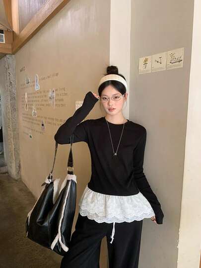 拼接纯色蕾丝白色蕾丝边吊带背心，韩版时尚长袖T恤叠穿上衣，适合秋冬春季穿着，黑色