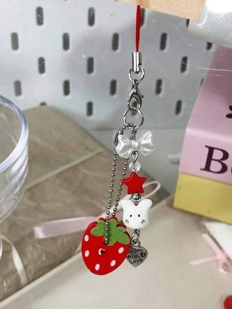 可爱多元素挂绳 1 件装 夏季红色草莓心形吊坠银链手机挂绳，时尚可爱少女风钥匙扣包包挂饰 春季礼物 生日派对 - 彩色 - 查看 1