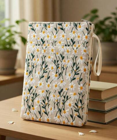 12''x9'' Daisy Embroidered Book Sleeve With Cotton Lining With Handle And Zipper Book Protector For Paperback And Hardcover, Christmas Ideal Gift Book Sleeve Pouch For Book Lovers (White), Portable Book Storage Organizer