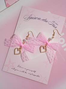 1 Cặp bông tai mặt dây chuyền ngọc trai giả hình trái tim màu hồng dễ thương và nơ, trang sức thời trang phù hợp cho phụ nữ dự tiệc (Không có thẻ) - Nhiều màu - Xem 10