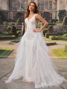 HEARBOBO Romantic Glamorous Deep V-Neck Sequin Prom Dress, Mermaid White Wedding Gown For Bride With Satin Ribbon Spring - White - View 8