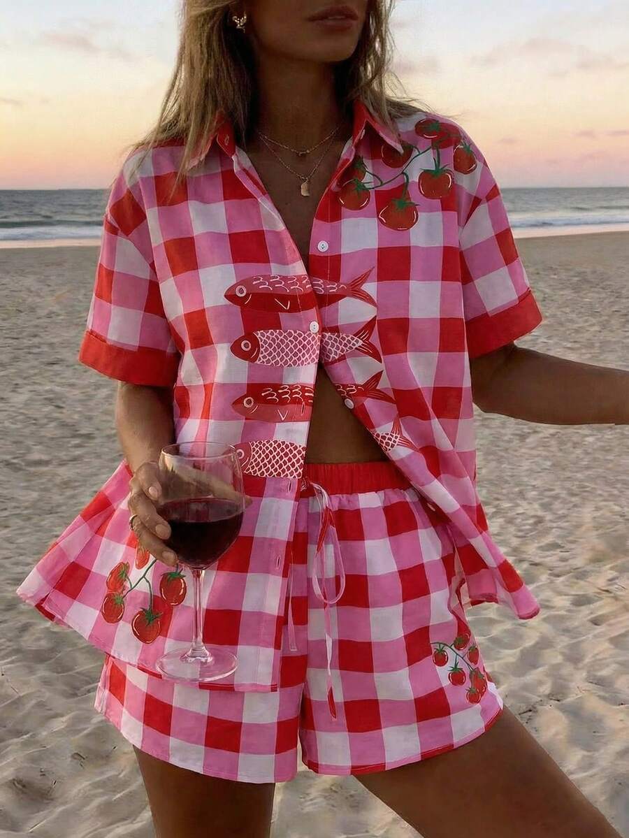 Spring/Summer Women 2-Piece Set, Red & White Plaid Tomato & Fish Print Short Sleeve Shirt And Drawstring Shorts, Italian Casual Holiday Beach Outfit