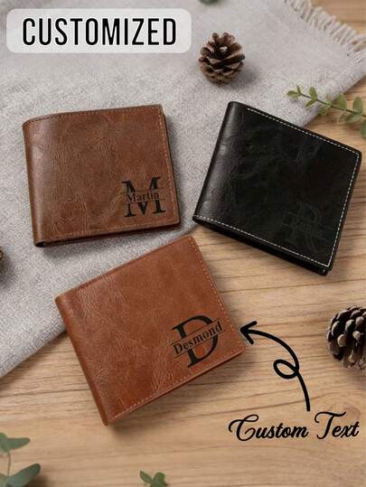 Customized Men's Solid Color Letter Print Wallet, Personalized Men's Wallet, Customized Wallet & Card Holder, Made Of PU Leather, PU Minimalist Bifold Multi-Card Wallet, Suitable As A Personalized Gift For Brother, Father, Boyfriend, Applicable For Anniversary, Father's Day, Commuting, Business Casual, Daily Use, Suitable For Anniversary, Birthday And Other Occasions