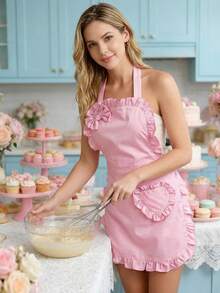 Women's Pink Kitchen Apron - Neck Tie Apron, Ruffle Trim Apron, Bow Heart Pocket, Easy Clean Cooking Apron, Cute Baking Apron, Mother's Day Gift, Valentine's Day Gift - A - View 9