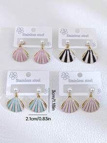 1 Pair Women's Faux Pearl Earrings With Striped Shell Pendant, Minimalist Elegant Suitable For Teenage Girls, Colorful Oil Drop Stainless Steel Earrings, Ocean Beach Design Exaggerated Earrings Suitable For Daily Wear, Beach Vacation And Parties, Retro Casual Bohemian Style Fashion Accessories, Unique Stainless Steel Ladies Earrings That Won't Cause Allergies - Gold - View 4