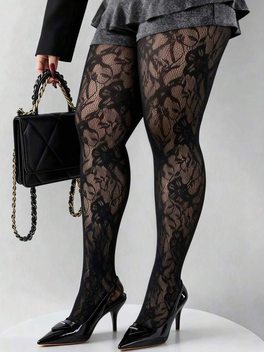 Women's Black Sunflower Sexy Fashion Fishnet Stockings, Knitted High-Elasticity Gothic Leggings, Perfect For Parties And Street Entertainment. - Multicolor - View 1