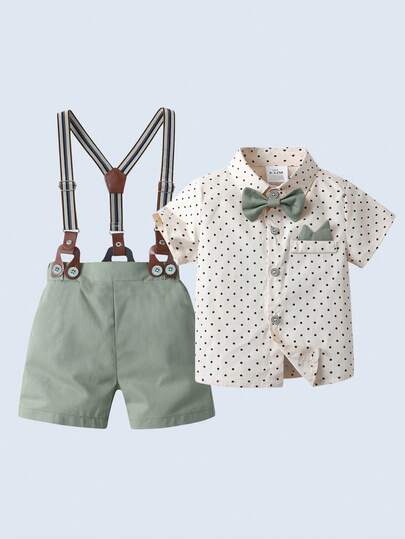 BOARNSEORL 2 件套年轻男孩绅士西装套装，短袖领衬衫搭配蝴蝶结和卡其色短裤，搭配吊带，时尚帅气，适合生日派对、婚礼、戒指持有者服装