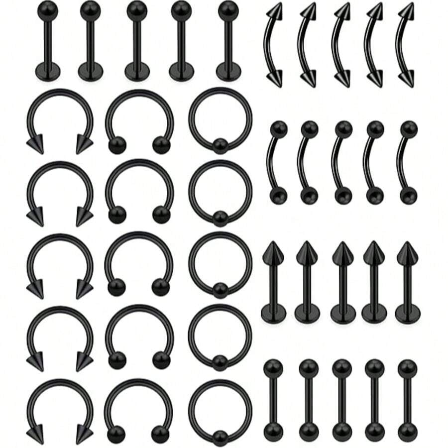 100pcs Piercing Jewelry Set, 14G 16G 20G Nose Rings, Lip Rings, Tongue Rings, Stainless Steel Cartilage Earrings, Barbells, Navel Rings, Body Piercing Accessories - 40 Black - View 1