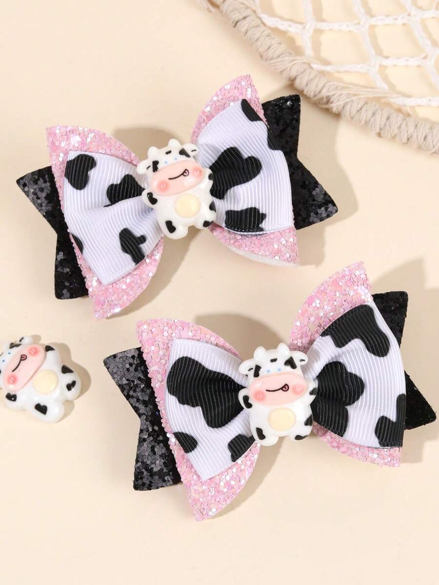 2 cái/gói Dễ thương Đen & Trắng In hoa bò Nơ Kẹp tóc Trẻ em Phụ kiện tóc - Nhiều màu - Xem 1
