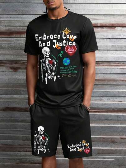 2026 New Summer Streetwear Men's T-Shirt Set, Personalized Skull Pattern Round Neck Short Sleeve T-Shirt And Sports Shorts 2-Piece Set, Digital Printing Design