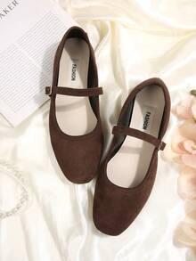 女士黑色搭扣装饰简约芭蕾平底鞋，时尚优雅的玛丽珍鞋，适合春、秋、冬四季穿着，柔软鞋底设计，穿着舒适，适合工作、学生、休闲、旅行、优雅场合，经典百搭，柔软舒适，带来卓越体验 - 棕色 - 查看 2