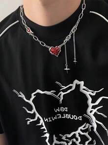 1件嘻哈风红色爱心吊坠项链，男士圣诞节、新年、情人节节日礼物 - 銀色 - 查看 1