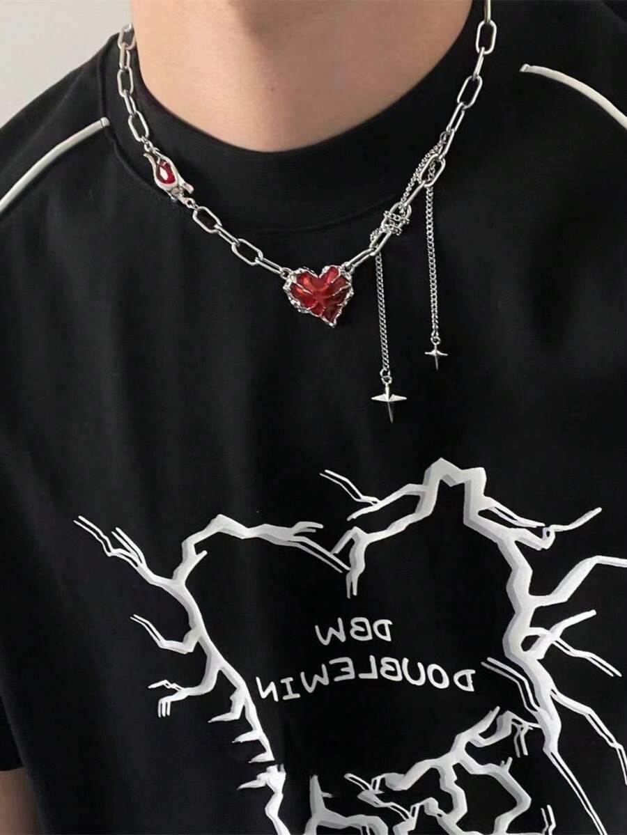 1件嘻哈风红色爱心吊坠项链，男士圣诞节、新年、情人节节日礼物 - 銀色 - 查看 1