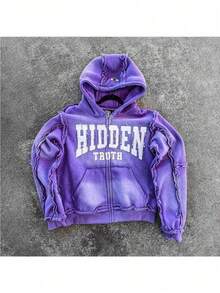 Men's & Women's High Street Retro Hooded Zipper Sweatshirt, Loose Casual Cardigan Jacket Top - 紫色 - 查看 3