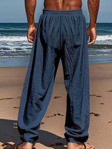 Men's Linen Wide Leg Casual Pants Are Loose Fitting, Breathable And Comfortable, Suitable For All Seasons And Versatile - Navy Blue - View 2