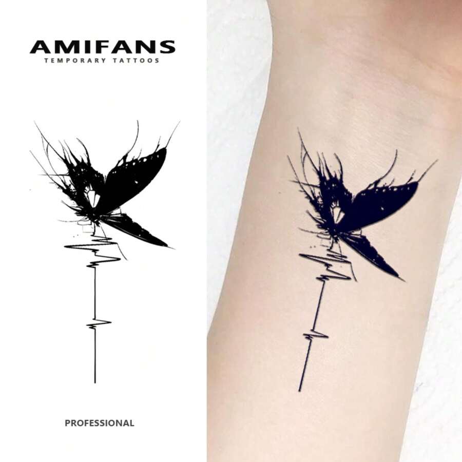 Hình xăm tạm thời AMIFANS hình bướm và nhịp tim, hình xăm bán vĩnh viễn, giữ được 1-2 tuần, hình xăm lâu trôi, hình xăm nước ép, hình xăm chân thực, hình xăm lãng mạn, hình xăm giả, chống thấm nước, hình xăm trông như thật, hình xăm thiết kế độc đáo, hình xăm trái cây, hình xăm từ thực vật. - màu đen - Xem 1