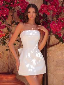 Elegante vestido corto de fiesta para baile de graduación, fiesta de cumpleaños, cita, fiesta de bienvenida, boda, cena formal, festival familiar de primavera, con escote de corazón, cintura alta, espalda descubierta, lazo exagerado en 3D, color blanco - Blanco - Ver 5