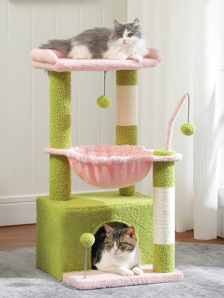PAWZ Road Árbol para gatos de cactus de 83 cm, torre para gatos de interior con amplio espacio para gatos, poste rascador con hamaca profunda y cómoda plataforma superior, color rosa - Rosa - Ver 1