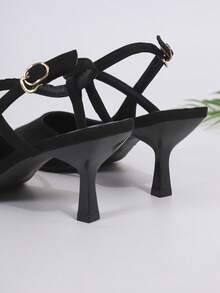 New Women's Black Suede Pointed Toe Criss-Cross Strap, Open Back Mid-Heel Sandals, Elegant Office Shoes - Black - View 7