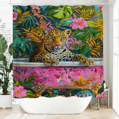 1pc Floral & Leopard Print Shower Curtain, Made Of Polyester, Waterproof, Non-Sheer, Suitable For Home And Bathroom Decor, Comes With 12 Hooks