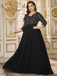 UNITHORSE UNITHORSE Plus Đầm dạ hội thanh lịch tay thẳng eo thon đính sequin bằng chiffon dành cho nữ, thích hợp làm đầm dự tiệc, đầm cô dâu, đầm sinh nhật, đầm tốt nghiệp. - màu đen - Xem 4