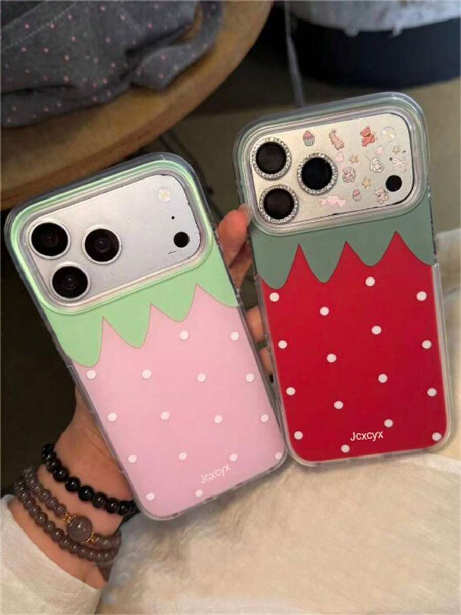 甜美可爱粉红色草莓白色波点亮面手机壳，兼容 17 Pro Max、17 Pro、16 Pro Max、15 Pro Max、14 Pro Max、13 Pro Max、16、15、14 Plus、12 Pro Max、11，可爱夏季水果图案，柔软IMD材质，保护后盖。 - 紅色 - 查看 1